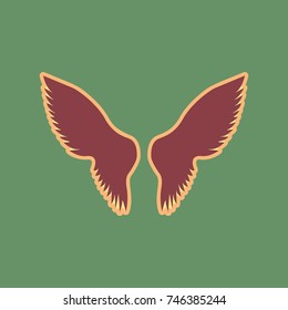 Wings sign illustration. Vector. Cordovan icon and mellow apricot halo with light khaki filled space at russian green background.