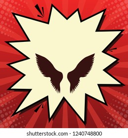 Wings sign illustration. Vector. Dark red icon in lemon chiffon shutter bubble at red popart background with rays.