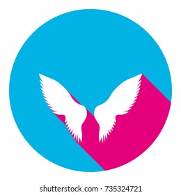 Wings sign illustration. Vector. Flat white icon with mexican pink shadow inside sky blue(S and G) circle at white background. Isolated. Trend colors in 2017.