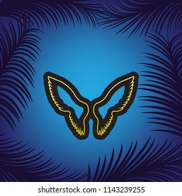 Wings sign illustration. Vector. Golden icon with black contour at blue background with branches of palm trees.
