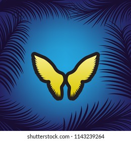 Wings sign illustration. Vector. Golden icon with black contour at blue background with branches of palm trees.