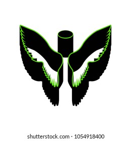 Wings sign illustration. Vector. Green 3d icon with black side on white background. Isolated.