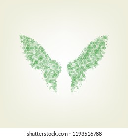 Wings sign illustration. Vector. Green hexagon rastered icon and noised opacity and size at light green background with central light.