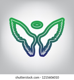 Wings sign illustration. Vector. Green to blue gradient contour icon at grayish background with light in center.