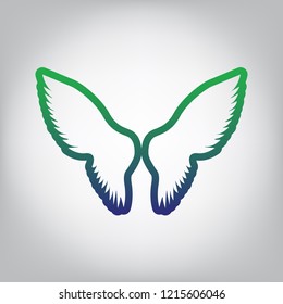 Wings sign illustration. Vector. Green to blue gradient contour icon at grayish background with light in center.