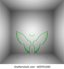 Wings sign illustration. Vector. Green icon with shadow in the room.