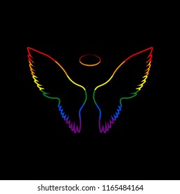 Wings sign illustration. Vector. Icon with colors of LGBT flag at black background.