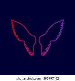 Wings sign illustration. Vector. Line icon with gradient from red to violet colors on dark blue background.
