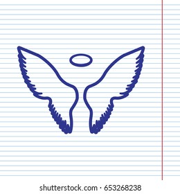 Wings sign illustration. Vector. Navy line icon on notebook paper as background with red line for field.