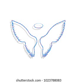 Wings sign illustration. Vector. Neon blue icon with cyclamen polka dots pattern with light gray shadow on white background. Isolated.