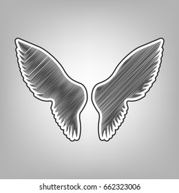 Wings sign illustration. Vector. Pencil sketch imitation. Dark gray scribble icon with dark gray outer contour at gray background.