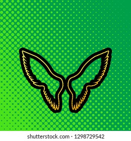 Wings sign illustration. Vector. Pop art orange to yellow dots-gradient icon with black contour at greenish background.