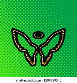 Wings sign illustration. Vector. Pop art orange to yellow dots-gradient icon with black contour at greenish background.