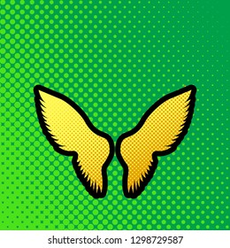 Wings sign illustration. Vector. Pop art orange to yellow dots-gradient icon with black contour at greenish background.