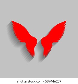 Wings sign illustration. Vector. Red icon with soft shadow on gray background.