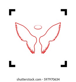 Wings sign illustration. Vector. Red icon inside black focus corners on white background. Isolated.