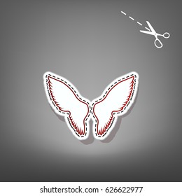 Wings sign illustration. Vector. Red icon with for applique from paper with shadow on gray background with scissors.