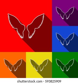 Wings sign illustration. Vector. Set of icons with flat shadows at red, orange, yellow, green, blue and violet background.