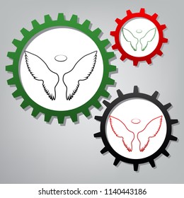 Wings sign illustration. Vector. Three connected gears with icons at grayish background.