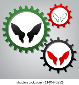 Wings sign illustration. Vector. Three connected gears with icons at grayish background.