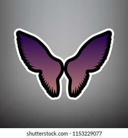 Wings sign illustration. Vector. Violet gradient icon with black and white linear edges at gray background.