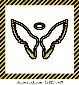 Wings sign illustration. Vector. Warm yellow icon with black contour in frame named as under construction at white background. Isolated.