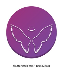 Wings sign illustration. Vector. White icon with flat shadow on purpureus circle at white background. Isolated.