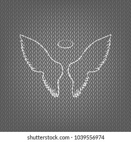 Wings sign illustration. Vector. White knitted icon on gray knitted background. Isolated.