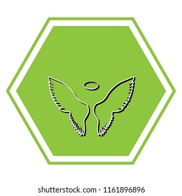 Wings sign illustration. Vector. White icon with black shadow at yellow green honeycomb on white background.