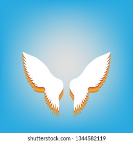 Wings sign illustration. Vector. White icon with 3d warm-colored gradient body at sky blue background.