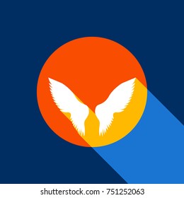 Wings sign illustration. Vector. White icon on tangelo circle with infinite shadow of light at cool black background. Selective yellow and bright navy blue are produced.