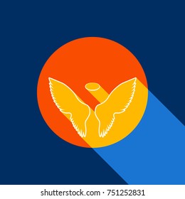 Wings sign illustration. Vector. White icon on tangelo circle with infinite shadow of light at cool black background. Selective yellow and bright navy blue are produced.