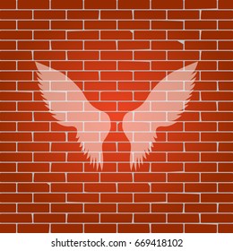 Wings sign illustration. Vector. Whitish icon on brick wall as background.