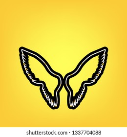 Wings sign illustration. Vector. Yellow polka dot white icon with black contour at warm yellow background.