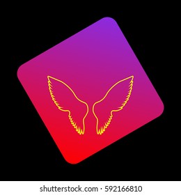 Wings sign illustration. Vector. Yellow icon at violet-red gradient square with rounded corners rotated for dynamics on black background.