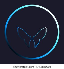 Wings sign illustration. White, cyan and blue gradient icon as round button in white shell at dark blue background. Illustration.