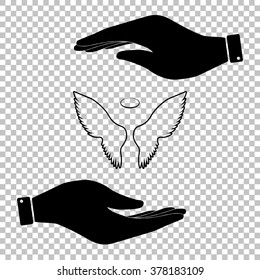 Wings sign. Save or protect symbol by hands.