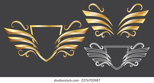 Zeichnen Silhouette-Symbole gesetzt. Vektorkonzept für Logo- oder Emblem-Design. Symbolsatz. Satz von schwarzen Flügelsymbolen. Flügelabzeichen. Flügelsymbole