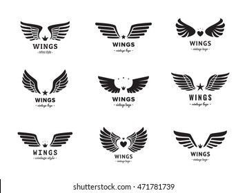 Wings silhouette logo vector set. Vintage design. Part two.