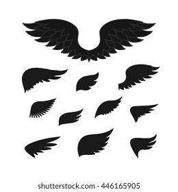 Wings silhouette set, elements for logo or badge. Isolated vector graphic shape art illustration.