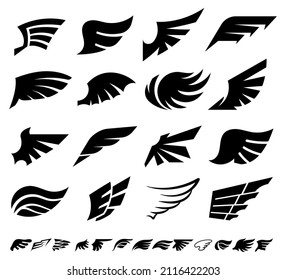 Wings silhouettes of bird feathers, heraldic icons