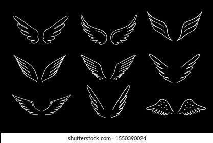 Wings silhouettes set of icons. Vector illustration on black background. Ready for your design. EPS10.