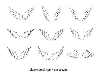 Wings silhouettes set of icons. Vector illustration isolated on white background. Ready for your design. EPS10.