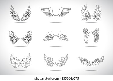 Wings Sketch Set Isolated On Gray Background. Collection Of Hand Drawn Angel Wings. Abstract Doodle Vector Illustration, Graphic Design. For Logo, Icon, Tattoo Templates, Emblem, Label And Art Design