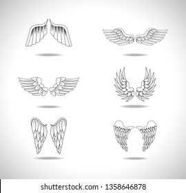 Wings Sketch Set Isolated On Gray Background. Collection Of Hand Drawn Angel Wings. Abstract Doodle Vector Illustration, Graphic Design. For Logo, Icon, Tattoo Templates, Emblem, Label And Art Design