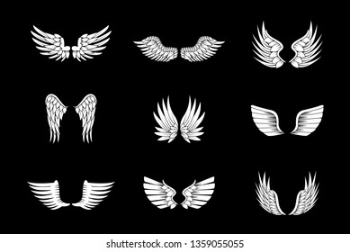 Wings Sketch Set Isolated On Black Background. Collection Of Hand Drawn Angel Wings. Abstract Doodle Vector Illustration, Graphic Design. For Logo, Icon, Tattoo Templates, Emblem, Label And Art Design