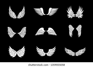 Wings Sketch Set Isolated On Black Background. Collection Of Hand Drawn Angel Wings. Abstract Doodle Vector Illustration, Graphic Design. For Logo, Icon, Tattoo Templates, Emblem, Label And Art Design