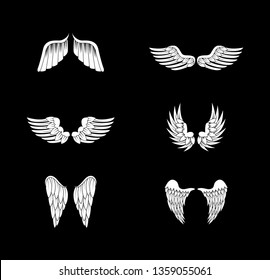 Wings Sketch Set Isolated On Black Background. Collection Of Hand Drawn Angel Wings. Abstract Doodle Vector Illustration, Graphic Design. For Logo, Icon, Tattoo Templates, Emblem, Label And Art Design