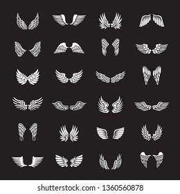 Wings Sketch Set Isolated On Black Background. Collection Of Hand Drawn Angel Wings. Abstract Doodle Vector Illustration, Graphic Design. For Logo, Icon, Tattoo Templates, Emblem, Label And Art Design