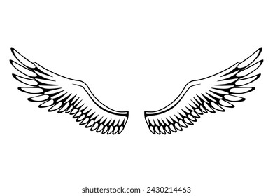 Wings sketch. Stylized birds wings. Hand drawn contoured stiker wing in open position. Vector design elements in coloring style